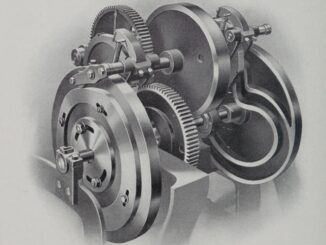 Scientific illustration of an early industrial machine used to detach cotton. Wheels, gears, and circular casings, all precisely fitting together.