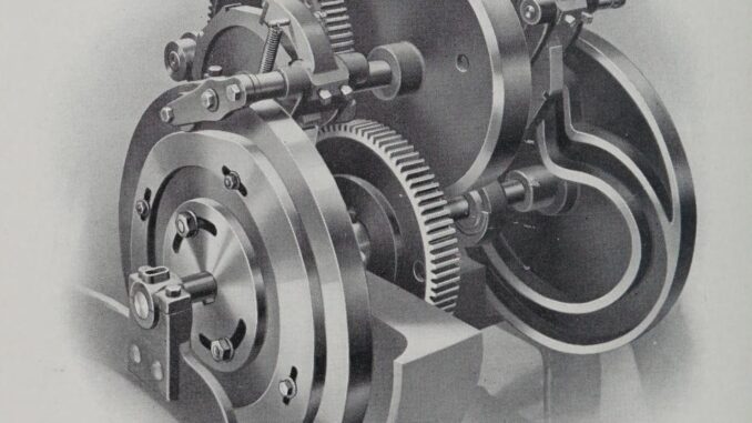 Scientific illustration of an early industrial machine used to detach cotton. Wheels, gears, and circular casings, all precisely fitting together.