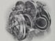 Scientific illustration of an early industrial machine used to detach cotton. Wheels, gears, and circular casings, all precisely fitting together.