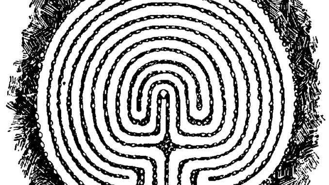 Scientific illusttration in black and white of an ancient Swedish labyrinth, looking a little like a drawing of a brain.