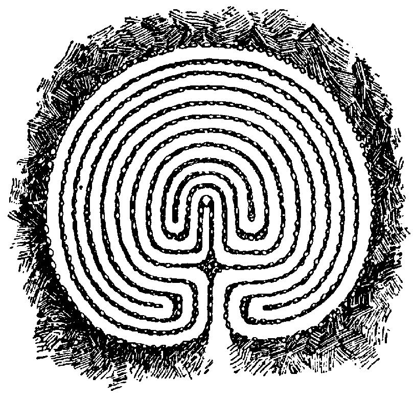 Scientific illusttration in black and white of an ancient Swedish labyrinth, looking a little like a drawing of a brain.