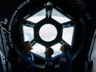 Scientific illustration of astronauts inside a replica of the International Space Station, a hexagonal window looking down on the Earth.