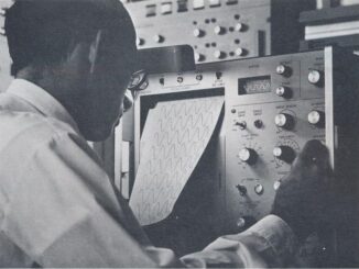Scientific illustration of an oscilloscope in use, with a cathode-ray tube and paper print-outs.