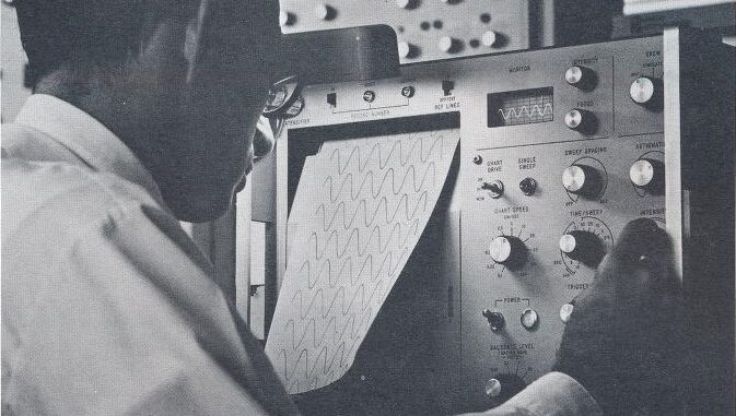 Scientific illustration of an oscilloscope in use, with a cathode-ray tube and paper print-outs.