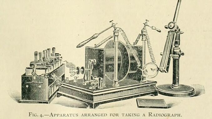Scientific illustration of early X-ray equipment, including induction coil, battery, X-Ray tube, and fluorescent screen.