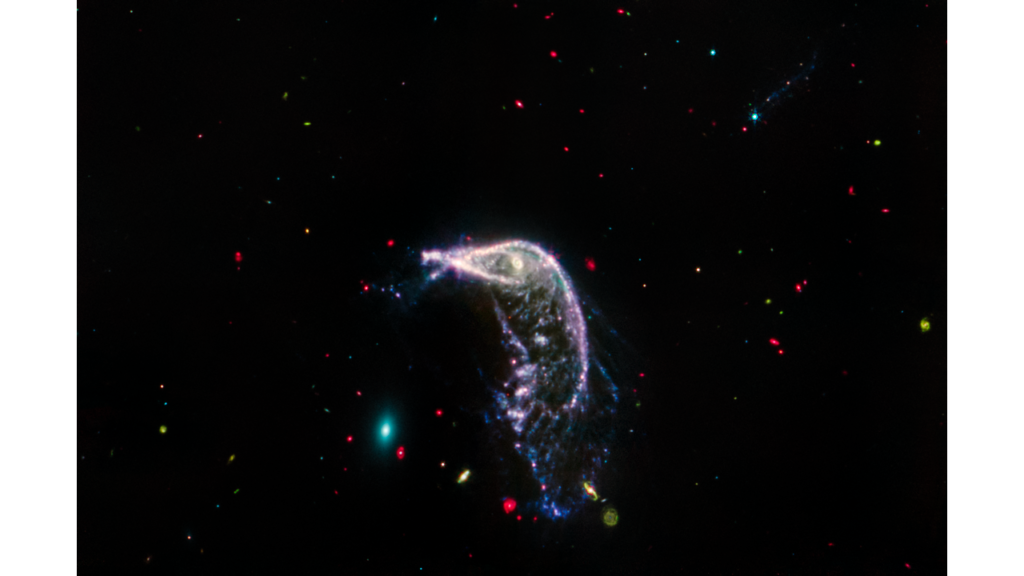 Scientific illustration of curved, glowing, colorful formations against the black backdrop of space - the curve of a galaxy like a horse's neck, a row of glowing spheres or discs like spinning Christmas lights, as photographed by the Webb Space Telescope.