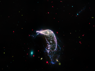 Scientific illustration of curved, glowing, colorful formations against the black backdrop of space - the curve of a galaxy like a horse's neck, a row of glowing spheres or discs like spinning Christmas lights, as photographed by the Webb Space Telescope.