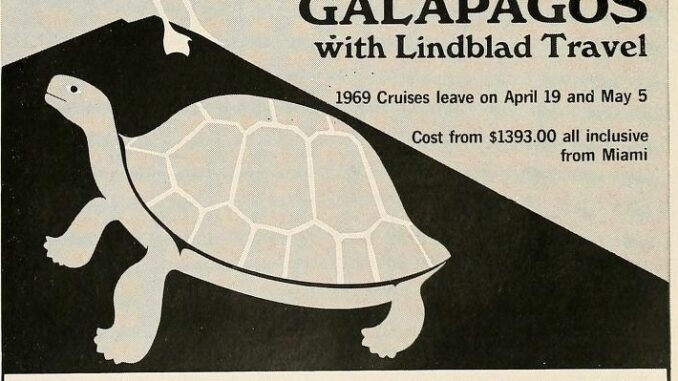 Scientific illustration of a tortoise and blue-footed booby, done in a mid-century cartoon style, as part of an ad for Lindblad Travel in 1969.