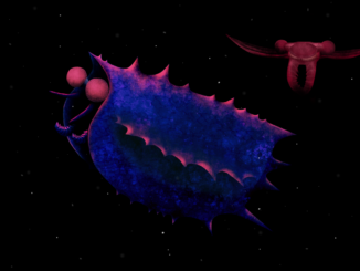 Scientific illustration of a shellfish from the Cambrian era, part of the explosion of new life forms out of single-celled creatures. It's a shellfish, an arthropod, in a midnight sea, being stalked by an Anomolocaris, a terrifying predator.