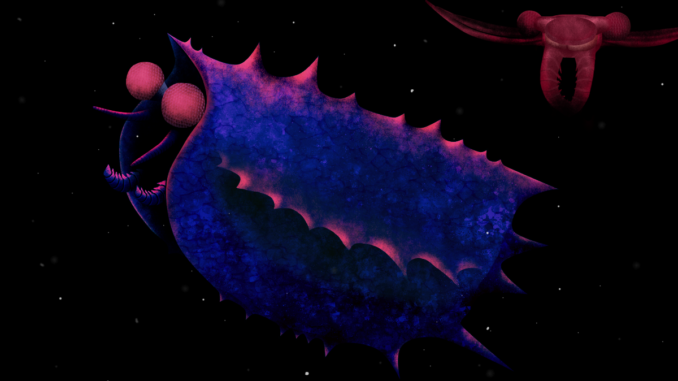Scientific illustration of a shellfish from the Cambrian era, part of the explosion of new life forms out of single-celled creatures. It's a shellfish, an arthropod, in a midnight sea, being stalked by an Anomolocaris, a terrifying predator.