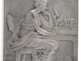 Scientific illustration of science, personified, contemplating beside her microscope.