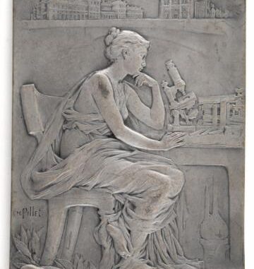 Scientific illustration of science, personified, contemplating beside her microscope.