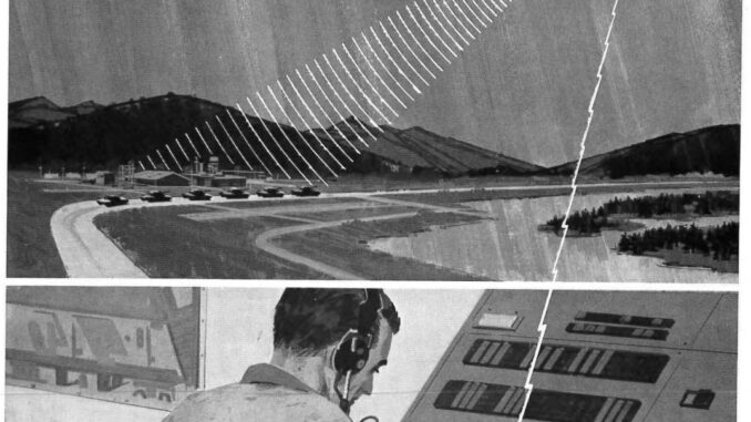Scientific illustration of air traffic control reading a plane's position on an instrument panel, while radar waves bounce in graphic zig-zags off an airplane flying high over a mountain range.
