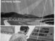 Scientific illustration of air traffic control reading a plane's position on an instrument panel, while radar waves bounce in graphic zig-zags off an airplane flying high over a mountain range.