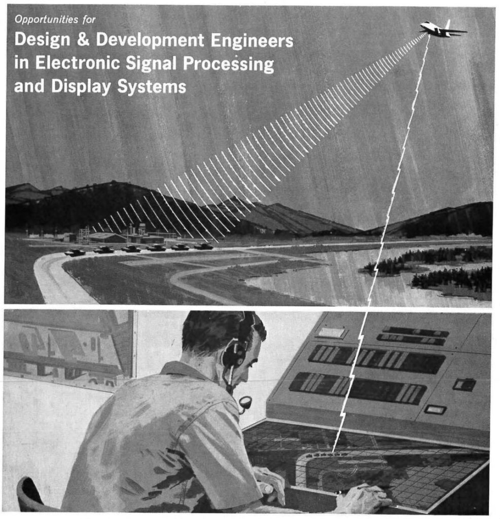 Scientific illustration of air traffic control reading a plane's position on an instrument panel, while radar waves bounce in graphic zig-zags off an airplane flying high over a mountain range.
