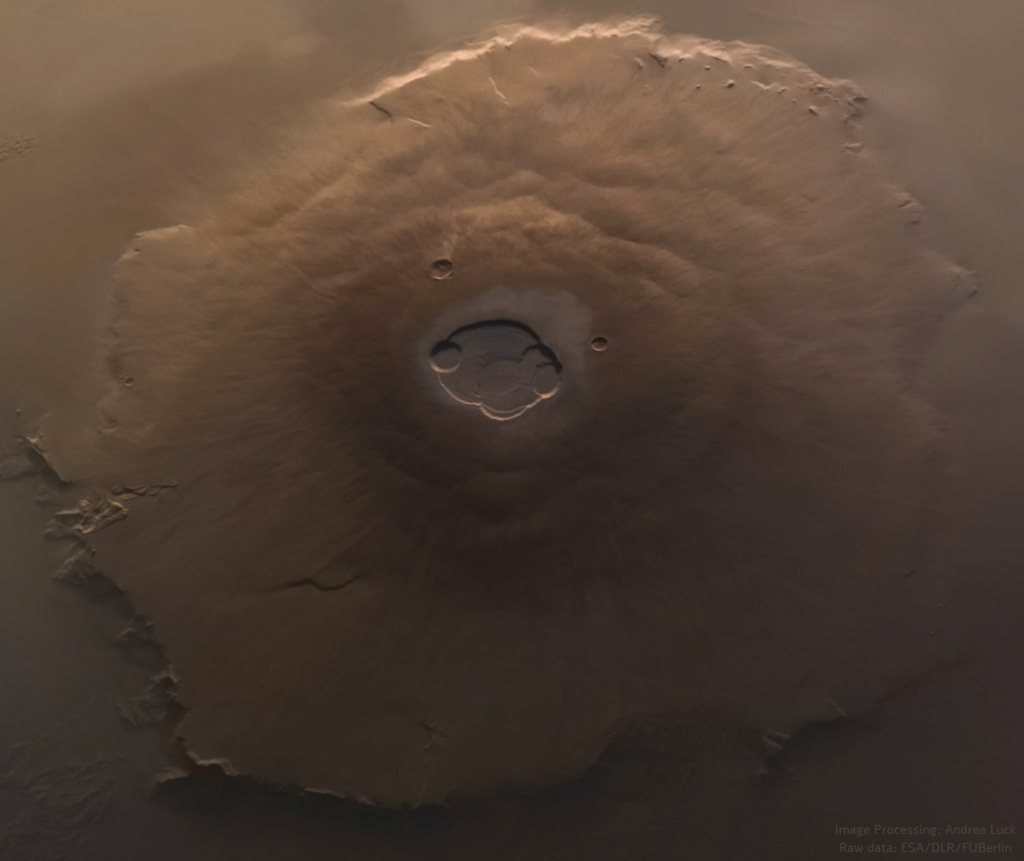 Scientific illustration of vast, mighty Olympus Mons stretching for miles and miles across the red-brown surface of Mars, as seen by a stereoscopic camera but rendered in 2D. www.flickr.com/photos/192271236@N03/54371099685/sizes/o/ Credit: ESA/DLR/FUBerlin/AndreaLuck CC BY