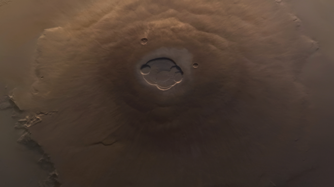 Scientific illustration of vast, mighty Olympus Mons stretching for miles and miles across the red-brown surface of Mars, as seen by a stereoscopic camera but rendered in 2D. www.flickr.com/photos/192271236@N03/54371099685/sizes/o/ Credit: ESA/DLR/FUBerlin/AndreaLuck CC BY
