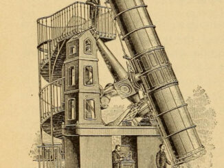 Scientific illustration of a giant telescope from the 1800s, showing a few well-dressed science fans walking on to the tower that is the telescope.