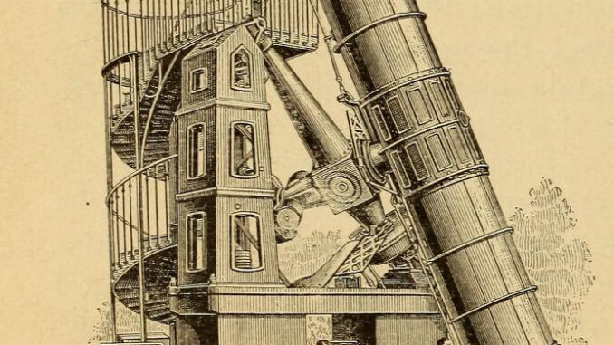 Scientific illustration of a giant telescope from the 1800s, showing a few well-dressed science fans walking on to the tower that is the telescope.