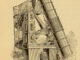 Scientific illustration of a giant telescope from the 1800s, showing a few well-dressed science fans walking on to the tower that is the telescope.