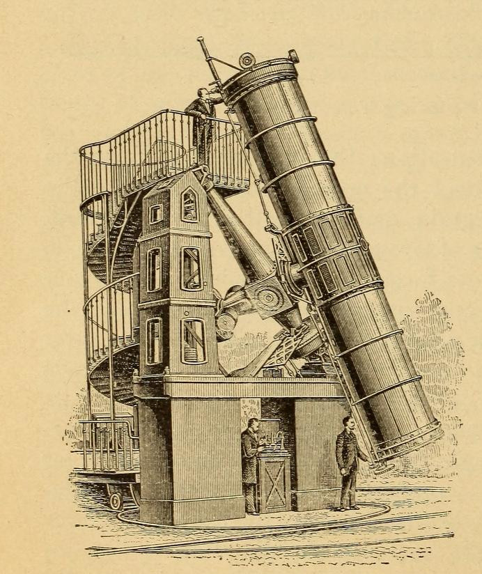 Scientific illustration of a giant telescope from the 1800s, showing a few well-dressed science fans walking on to the tower that is the telescope.