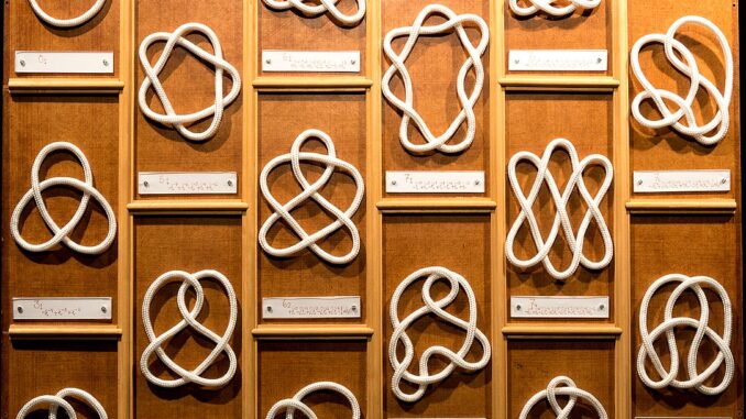 Scientific illustration in the form of a board on which rows of mathematical knots are mounted, complex geometries in loops of cord.