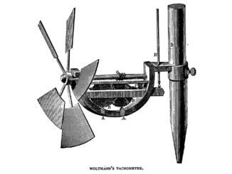 scientific illustration of the propeller, gears, and supporting rod of a device meant to measure the flow of water (or any other fluid).