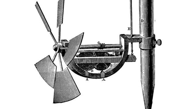 scientific illustration of the propeller, gears, and supporting rod of a device meant to measure the flow of water (or any other fluid).