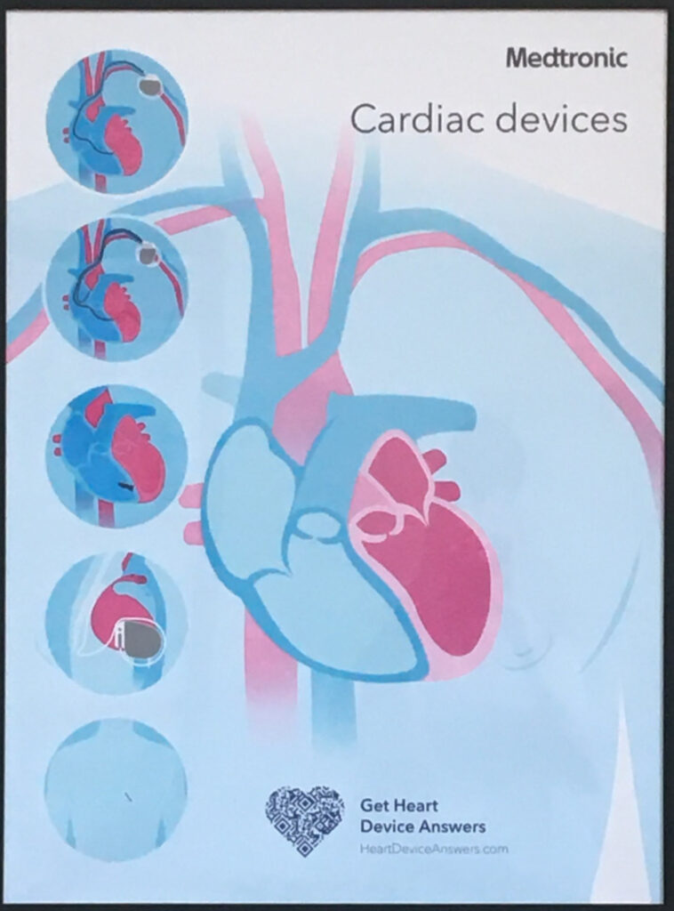 Scientific illustration of pacemakers, defibrillators, monitors, loop recorders, and other electronic devices inserted into the anatomically correct hearts.