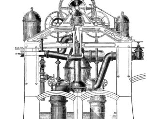 Scientific illustration of machines for moving water. Ducts, pumps, pistons, turbines.