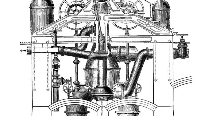 Scientific illustration of machines for moving water. Ducts, pumps, pistons, turbines.