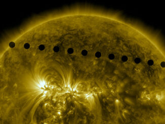 Scientific illustration of Venus transiting in front of the Sun, as captured by the Solar Dynamics Observetory satellite, a flaming metallic orb girdled by a series of perfectly circular silhouettes making a diagonal line from the upper left to the middle right of the image.