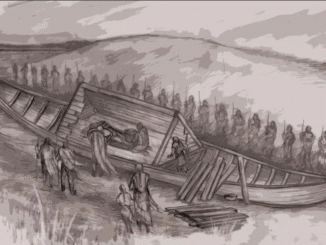 Scientific illustration of an Anglo-Saxon burial, a ship burial from before the age of the Vikings, shadowy figures of warriors, kinsmen, or household servants lining up alongside a wooden ship, preparing to cover it with earth.The lotd's body is inside it.