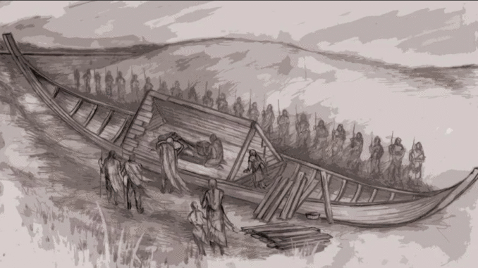 Scientific illustration of an Anglo-Saxon burial, a ship burial from before the age of the Vikings, shadowy figures of warriors, kinsmen, or household servants lining up alongside a wooden ship, preparing to cover it with earth.The lotd's body is inside it.
