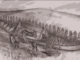 Scientific illustration of an Anglo-Saxon burial, a ship burial from before the age of the Vikings, shadowy figures of warriors, kinsmen, or household servants lining up alongside a wooden ship, preparing to cover it with earth.The lotd's body is inside it.