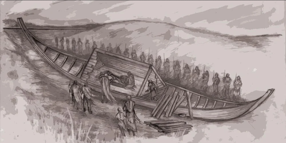 Scientific illustration of an Anglo-Saxon burial, a ship burial from before the age of the Vikings, shadowy figures of warriors, kinsmen, or household servants lining up alongside a wooden ship, preparing to cover it with earth.The lotd's body is inside it.