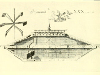 Scientific illustration of a medieval submarine, the "Rotterdam Ship," designed to ram battleships underwater in the Age of Sail.