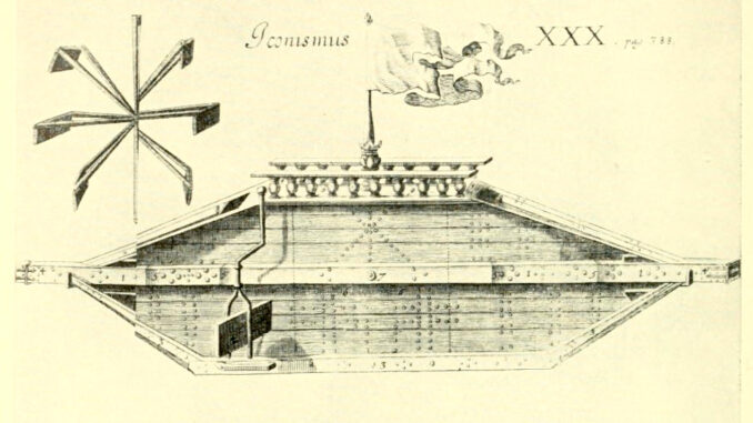 Scientific illustration of a medieval submarine, the "Rotterdam Ship," designed to ram battleships underwater in the Age of Sail.