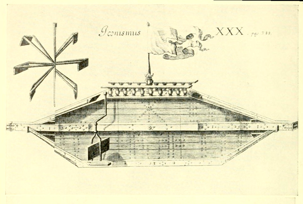 Scientific illustration of a medieval submarine, the "Rotterdam Ship," designed to ram battleships underwater in the Age of Sail.