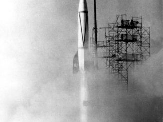 Scientific illustration of a rocket launching in the 1950s, metal scaffolding and exhaust clouds, a white tower rising skyward, gleaming in black and white.