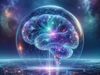 Scientific illustration of an electronic brain, a glowing network of light spilling up from a city and into a colossal floating brain overhead, blue and purple lights against a black sky.