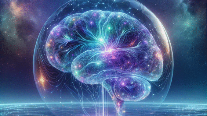 Scientific illustration of an electronic brain, a glowing network of light spilling up from a city and into a colossal floating brain overhead, blue and purple lights against a black sky.
