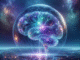 Scientific illustration of an electronic brain, a glowing network of light spilling up from a city and into a colossal floating brain overhead, blue and purple lights against a black sky.