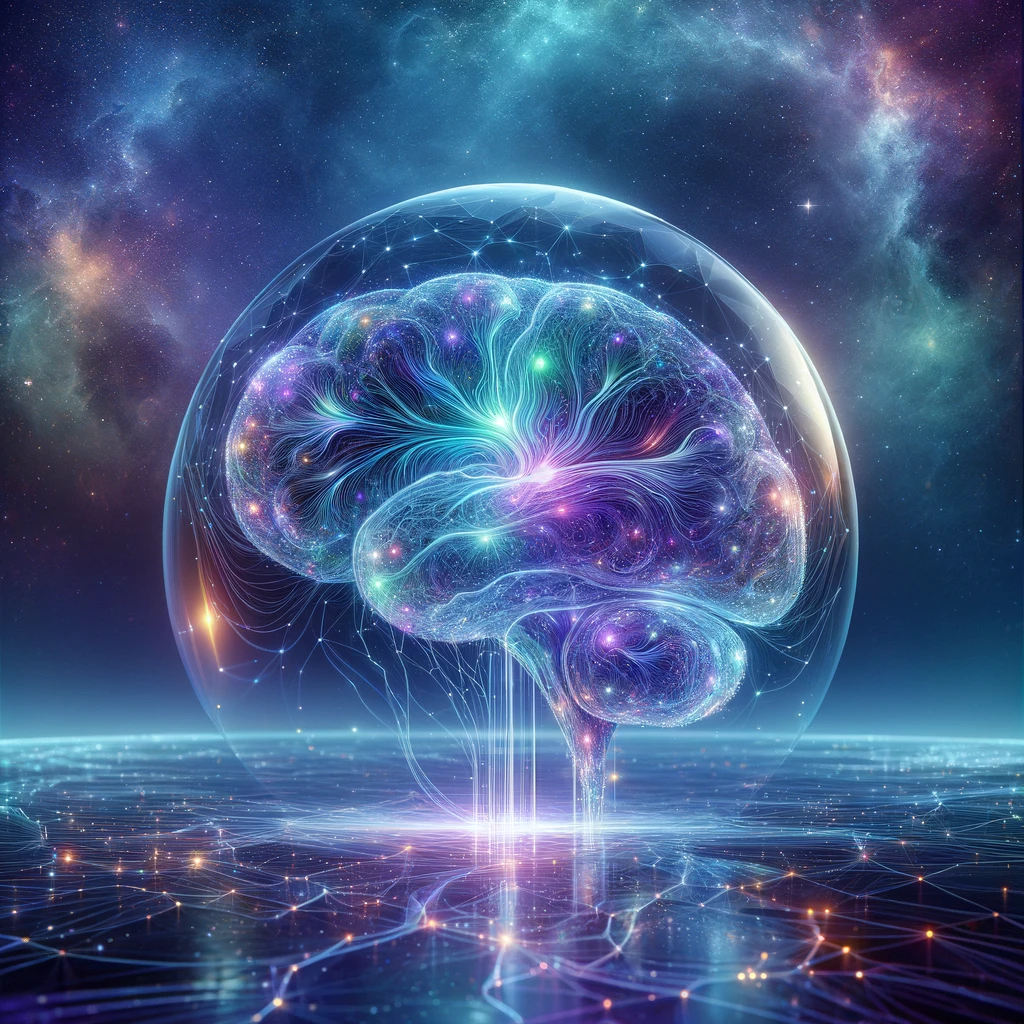 Scientific illustration of an electronic brain, a glowing network of light spilling up from a city and into a colossal floating brain overhead, blue and purple lights against a black sky.