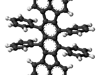 Scientific illustration of a radical molecule, a diagram of interlocking black hexagons and white rods, looking something like a space station map made from soda straws.