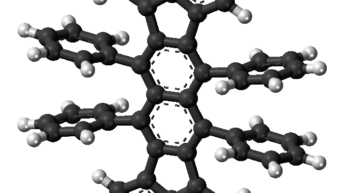 Scientific illustration of a radical molecule, a diagram of interlocking black hexagons and white rods, looking something like a space station map made from soda straws.