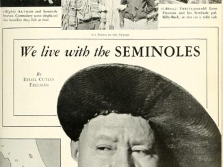Scientific illustration in the form of a historical magazine layout about the unconquered Seminoles, with a map of Florida and a large, black-and-white photo of a proud woman with an asymmetrical headdress and a high collar looking off to one side.