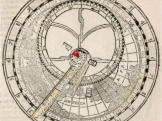 Scientific illustration of a mapmaking tool and astronomical tool from the 1600s, a series of circles with numbers and arrows with gaps for determining distances and angles.