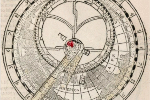 Scientific illustration of a mapmaking tool and astronomical tool from the 1600s, a series of circles with numbers and arrows with gaps for determining distances and angles.
