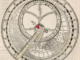 Scientific illustration of a mapmaking tool and astronomical tool from the 1600s, a series of circles with numbers and arrows with gaps for determining distances and angles.